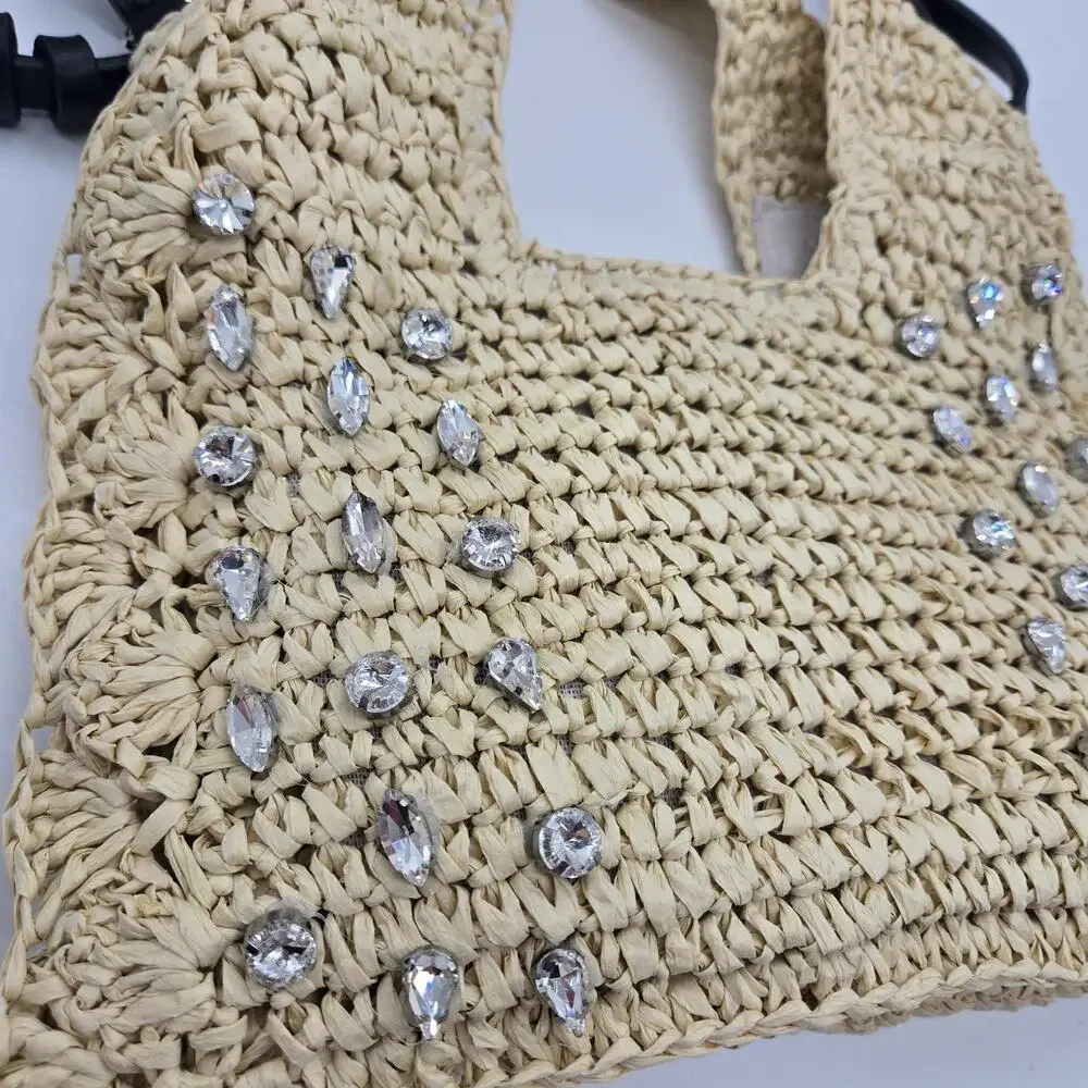 NWT BTB Los Angeles Straw Bag Crystal Embellished Crossbody Boho Shabby Chic Cot - Picture 2 of 10